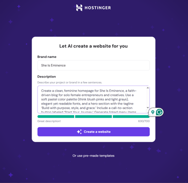 Hostinger AI prompt page on a purple background