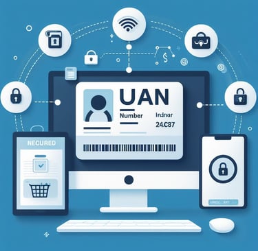 Image of a digital ID card with a UAN number and a computer screen showing the UAN portal.
