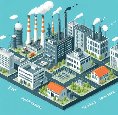 Illustration of factory and different establishments under the EPF Act showing applicability and voluntary coverage.