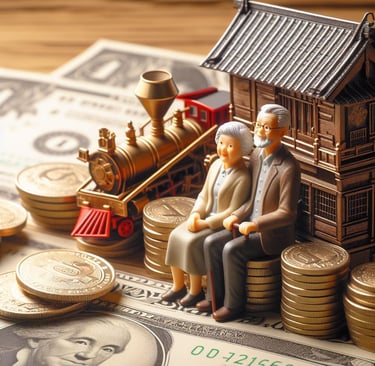 Symbolic image of a secure retirement with elderly couple enjoying financial stability.