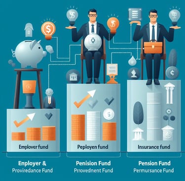Graphical representation of employer and employee contributions to provident fund, pension fund, and insurance fund.