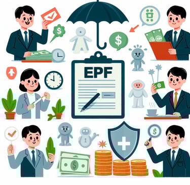 Illustration showing financial benefits under the EPF Act like financial security, insurance coverage, and pension benefits.