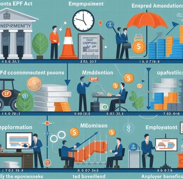 Timeline graphic of major amendments to the EPF Act and their impacts on employee benefits.