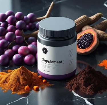 Stylized supplement jar mockup on a wooden or marble surface with surrounding ingredients (like rhod