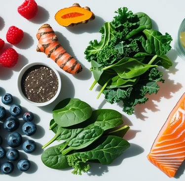 Top-down flat lay of healing foods: berries, leafy greens, turmeric root, chia seeds, fatty fish (li
