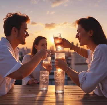 A person is pouring liquid from a glass bottle into a white shaker or tumbler with a green emblem on the side. A protein or recovery shake package labeled 'Lyfefuel' is nearby on the countertop. The person is wearing a light gray zip-up athletic top, and a separate shaker lid rests on the surface.