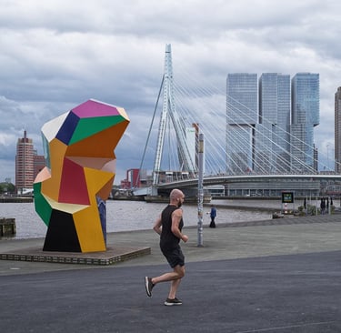 Rotterdam Blick auf die Erasmusbrücke mit Jogger im Vordergrund.