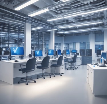 A dimly lit room features a prominent illuminated sign displaying the words 'Sysco LABS.' Below the sign are office desks with various electronic devices, including laptops and cables. The lighting creates a cool and professional atmosphere.