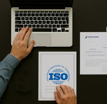 Uma mesa com um notebook, projetos impressos, papéis e um capacete de segurança