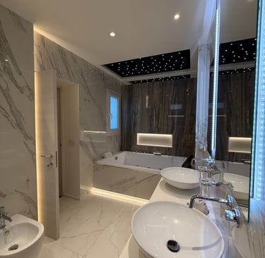 a bathroom with a large marbled bathroom