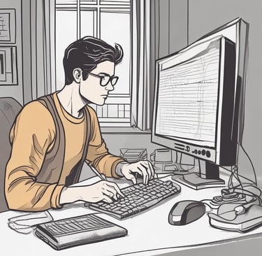 a man sitting at a desk with a keyboard and a computer