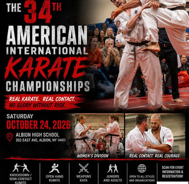 34th American International Karate Championships flyer. October 24, 2026, Albion, New York.