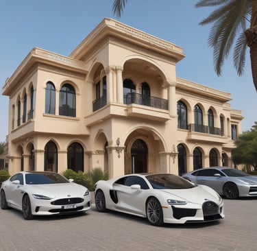 A luxury white Rolls-Royce car is parked on a gravel driveway in front of a large, elegant house with stone walls and large windows. Tall trees and bushes surround the property, creating a lush and private setting.
