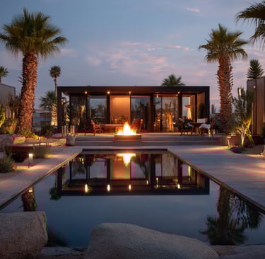 a pool with a fire pit in the middle of the night