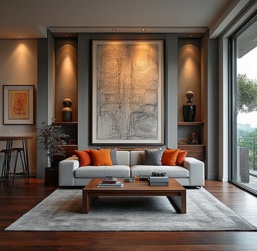 a living room with a couch and a coffee table