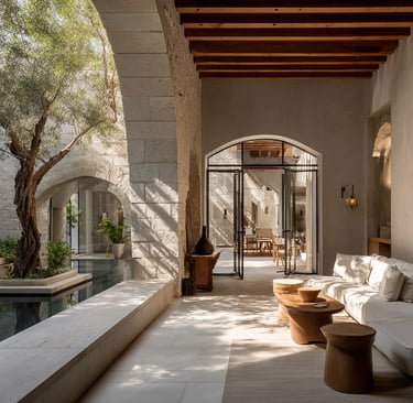 a living room with a couch and a table