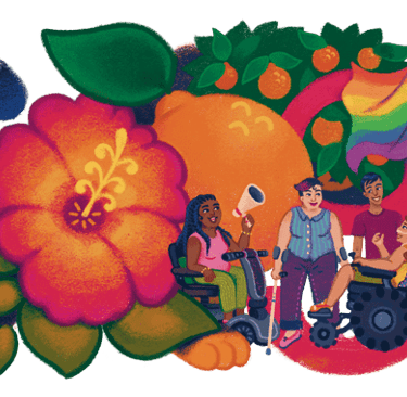 Image of Google doodle with Stacey, a tiger, flowers, and friends in wheelchairs, BIPOCS, walking support, megaphone etc. 