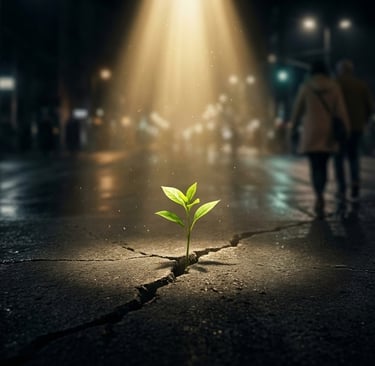 Broto verde crescendo no asfalto escuro sob luz dourada, simbolizando o sucesso inicial.