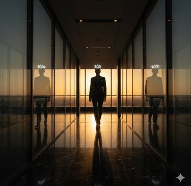 Pessoa confiante caminhando em corredor luxuoso com reflexos dourados e pretos, simbolizando sucesso