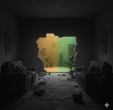 Caos (fundo escuro/preto) versus Ordem (luz dourada/verde) na organização da mente e casa.