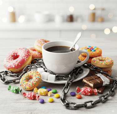Uma xícara de café com açúcar e doces em cima da mesa, mas cercados por correntes vicio em açúcar