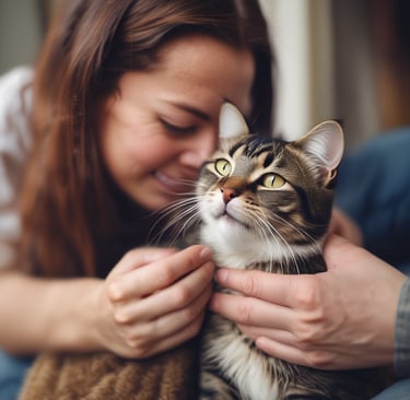 A close-up of a cat with distinctive black, white, and orange fur, staring intently with its bright green eyes. It has a human hand gently holding it by the chin, wearing a wristwatch. The background is blurred, focusing the attention on the cat's face.