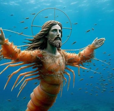 a statue of jesus holding a cross and surrounded by fish