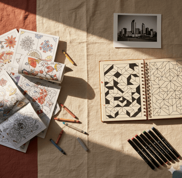 a jumbled pile of coloring pages and an open coloring book