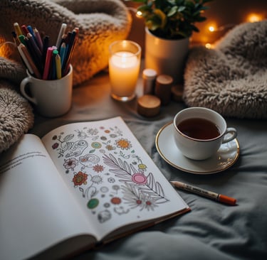 cozy coloring area with tea and candles