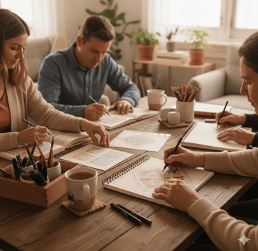 people sitting at a table coloring