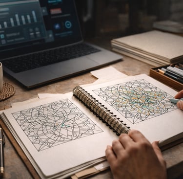 wirebound book with geometric drawings on workspace with laptop