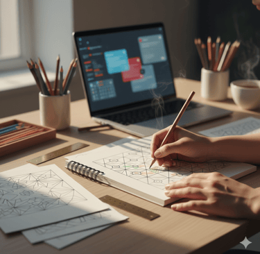 hand sketching a coloring page design on a desk with an open laptop