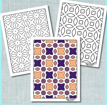 3 coloring pages with geometric patterns. one of the pages is colored.