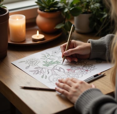 woman coloring in a cozy scene