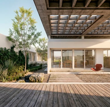 galería moderna con patio interno y casa con gran ventanal. arquitectura con sentido.