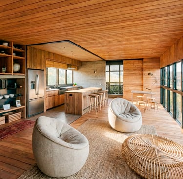 Interior calido en madera y grandes ventanales. casa puente. moderna. arquitectura con sentido. arquitecto pablo suarez.