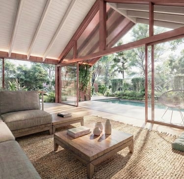 Estar comedor integrados con el exterior por grandes ventanales. casa rancho. arquitectura con sentido.