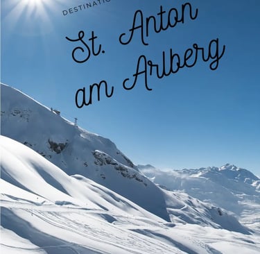 St. Anton am Arlberg title or logo with snowy mountain peaks in the background. Austrian ski resort