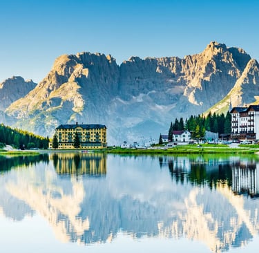 Morning reflections of Cadini di Misurina in Lake Misurina near the Sentiero Bonacossa trailhead.