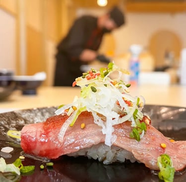 Close-up of premium sushi served in a Ginza omakase restaurant