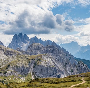Panoramic view of Cadini di Misurina from Forcella Misurina on the Sentiero Bonacossa trail.