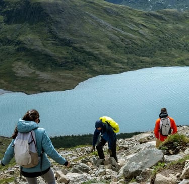 a group of people hiking up a mountain