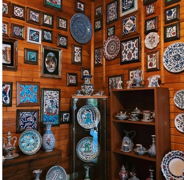 a room with a lot of plates and plates