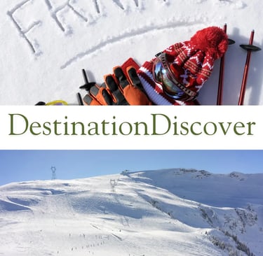 Travel-style graphic showing a ski slope in France with text ‘France Destination Discover