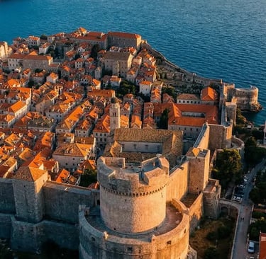 Aerial view of Dubrovnik old town walls at golden hour, Adriatic Sea