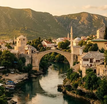 Stari Most bridge Mostar Bosnia at sunset reflecting on Neretva river
