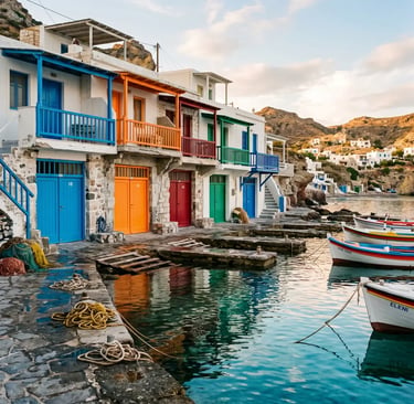 Colorful Syrmata fishermen boathouses with painted doors at waterfront in Klima Milos