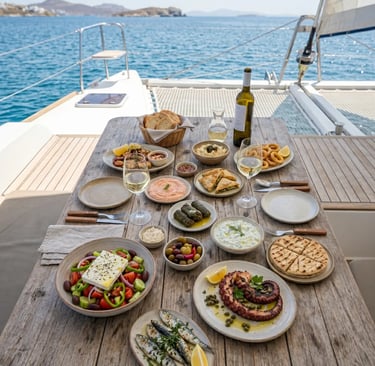Greek mezze spread with octopus, feta salad and wine on catamaran deck overlooking Milos coast