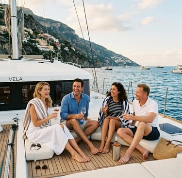 Group of guests laughing and enjoying wine on catamaran deck along the Amalfi Coast