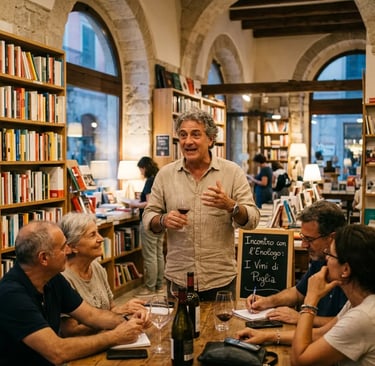 Oenologist leading a Primitivo wine tasting inside a bookstore in Bari with seated guests
